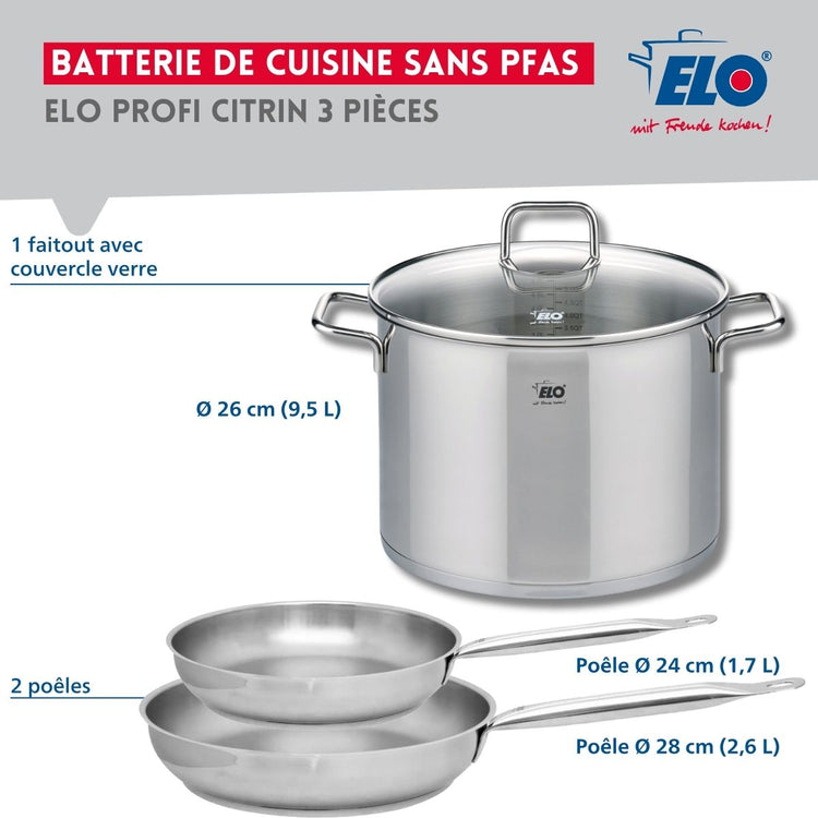 Set de 2 Poêles de cuisson 24 et 28 cm et 1 faitout 26 cm Elo Profi Citrin