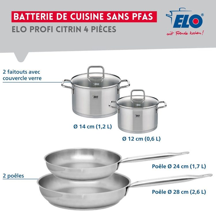 Set de 2 Poêles de cuisson 24 et 28 cm et 2 faitouts 12 et 14 cm Elo Profi Citrin