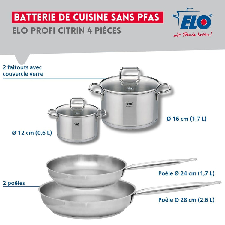 Set de 2 Poêles de cuisson 24 et 28 cm et 2 faitouts 12 et 16 cm Elo Profi Citrin