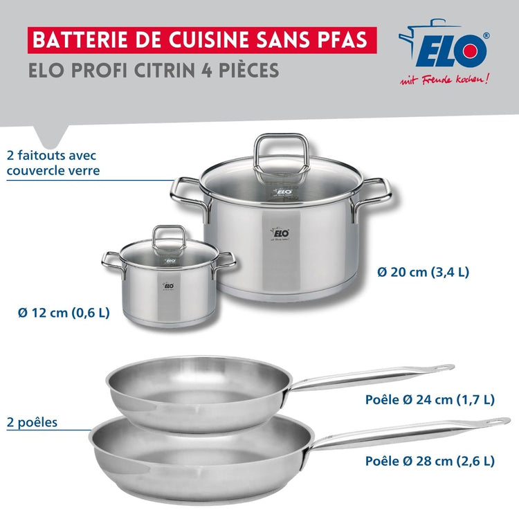 Set de 2 Poêles de cuisson 24 et 28 cm et 2 faitouts 12 et 20 cm Elo Profi Citrin