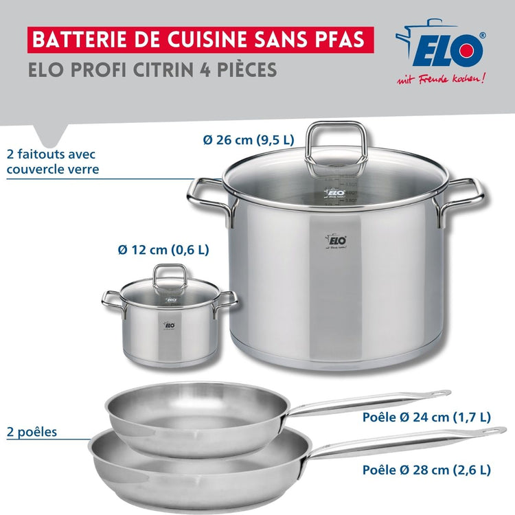 Set de 2 Poêles de cuisson 24 et 28 cm et 2 faitouts 12 et 26 cm Elo Profi Citrin