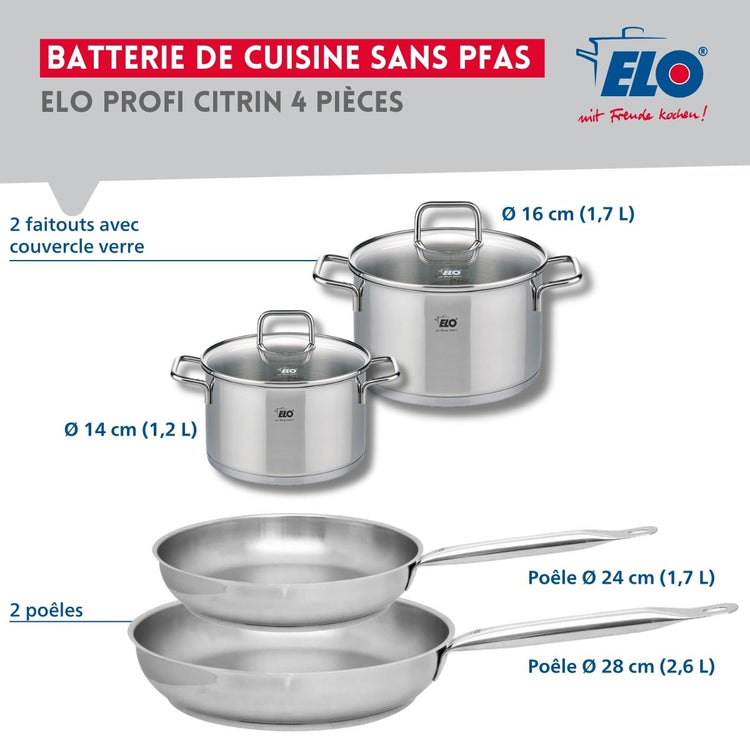 Set de 2 Poêles de cuisson 24 et 28 cm et 2 faitouts 14 et 16 cm Elo Profi Citrin