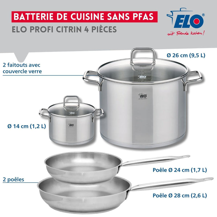 Set de 2 Poêles de cuisson 24 et 28 cm et 2 faitouts 14 et 26 cm Elo Profi Citrin