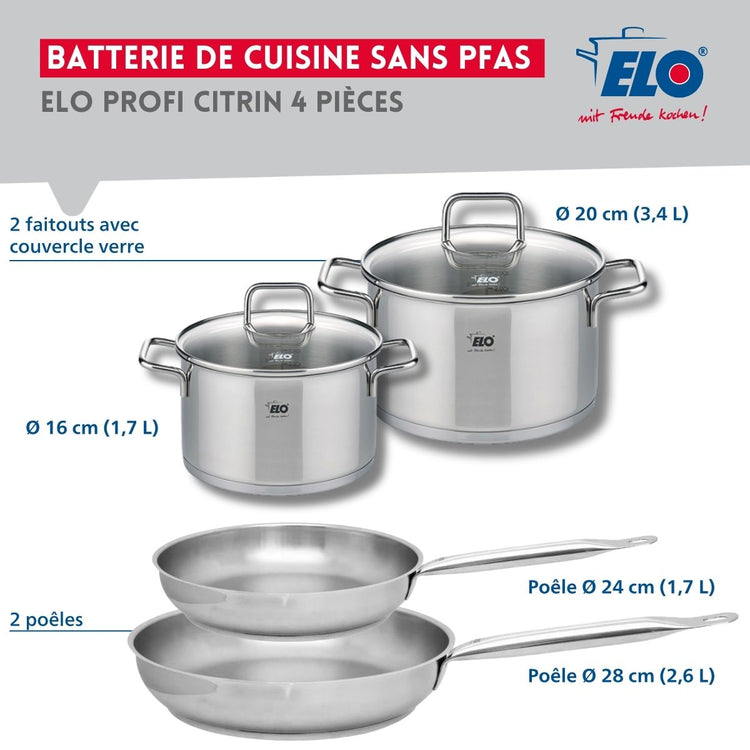 Set de 2 Poêles de cuisson 24 et 28 cm et 2 faitouts 16 et 20 cm Elo Profi Citrin