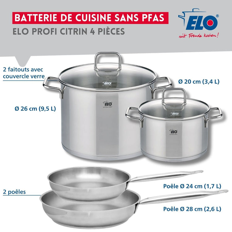 Set de 2 Poêles de cuisson 24 et 28 cm et 2 faitouts 20 et 26 cm Elo Profi Citrin