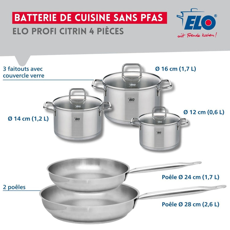 Set de 2 Poêles de cuisson 24 et 28 cm et 3 faitouts 12, 14 et 16 cm Elo Profi Citrin