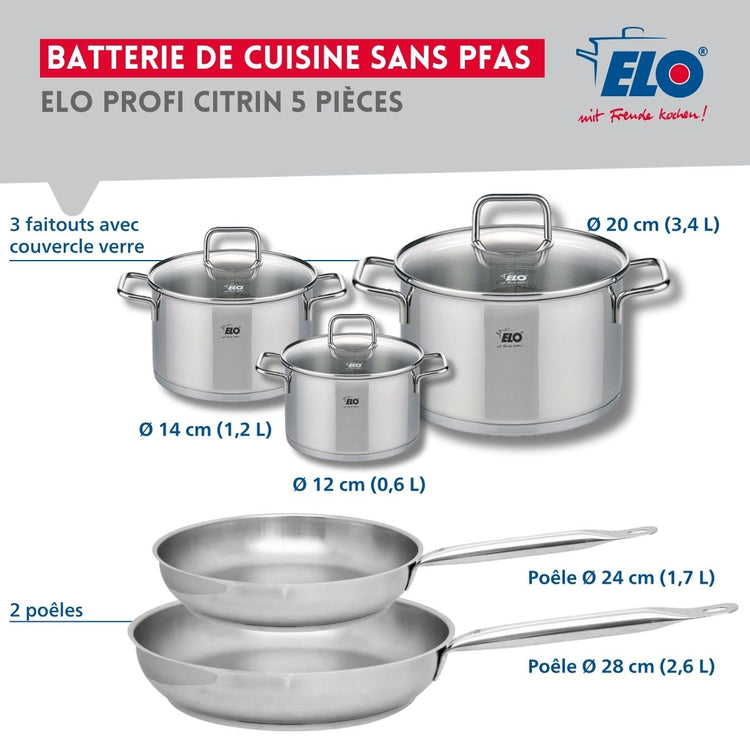 Set de 2 Poêles de cuisson 24 et 28 cm et 3 faitouts 12, 14 et 20 cm Elo Profi Citrin