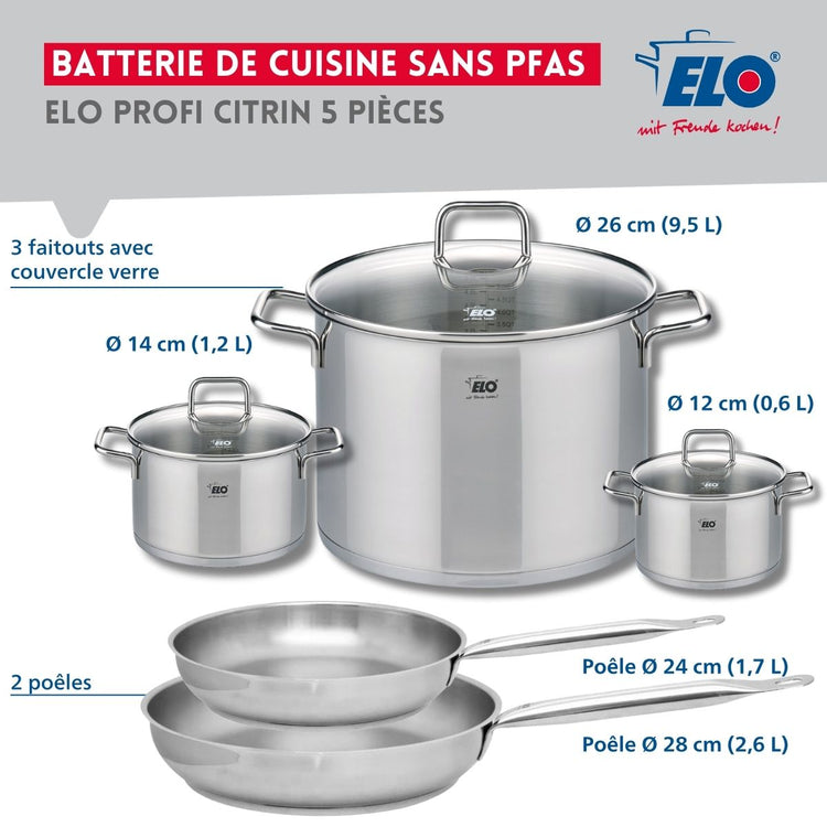 Set de 2 Poêles de cuisson 24 et 28 cm et 3 faitouts 12, 14 et 26 cm Elo Profi Citrin