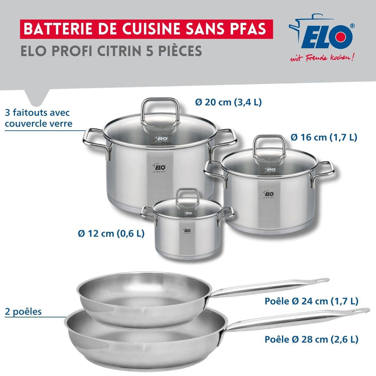 Set de 2 Poêles de cuisson 24 et 28 cm et 3 faitouts 12, 16 et 20 cm Elo Profi Citrin