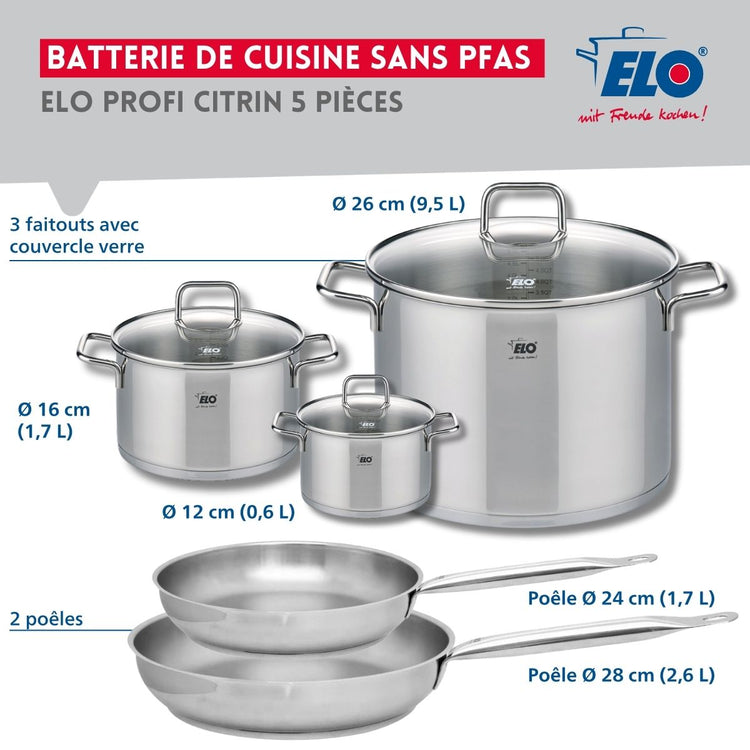 Ensemble de 2 Poêles de cuisson 24 et 28 cm et 3 faitouts 12, 16 et 26 cm Elo Profi Citrin