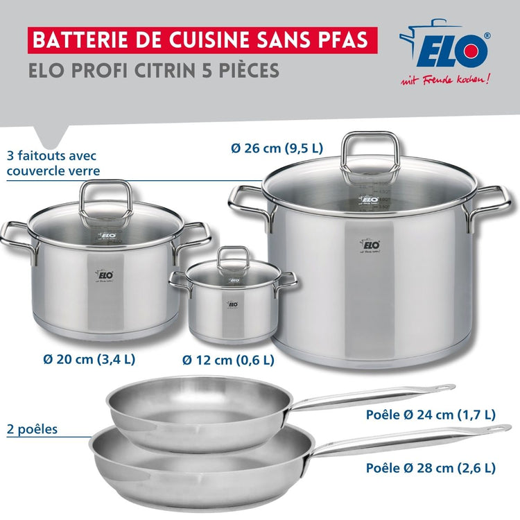 Ensemble de 2 Poêles de cuisson 24 et 28 cm et 3 faitouts 12, 20 et 26 cm Elo Profi Citrin