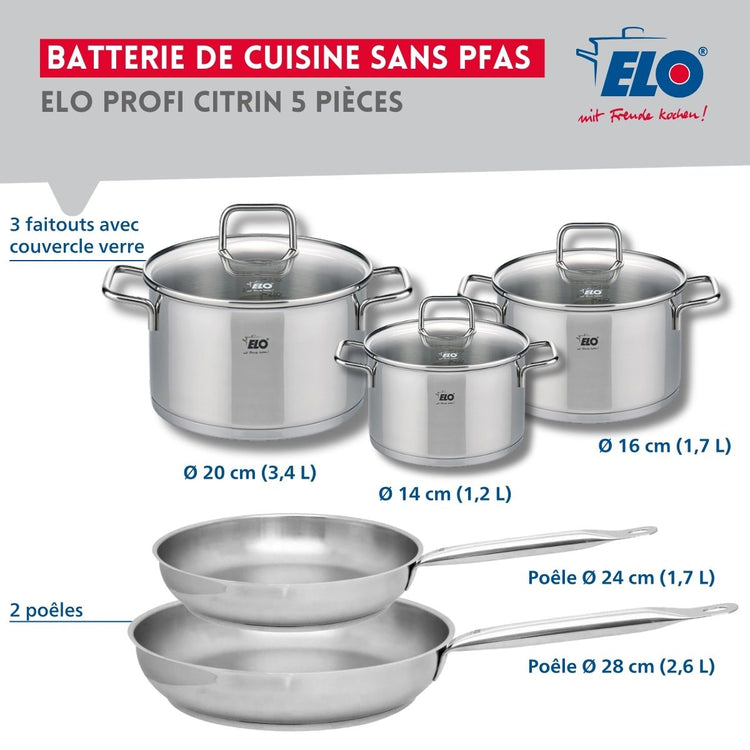 Ensemble de 2 Poêles de cuisson 24 et 28 cm et 3 faitouts 14, 16 et 20 cm Elo Profi Citrin