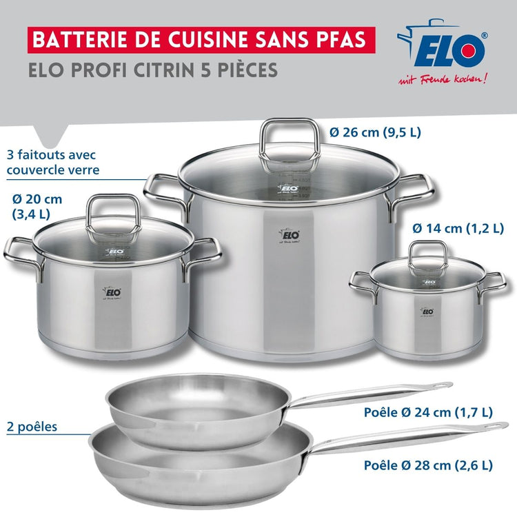 Ensemble de 2 Poêles de cuisson 24 et 28 cm et 3 faitouts 14, 20 et 26 cm Elo Profi Citrin