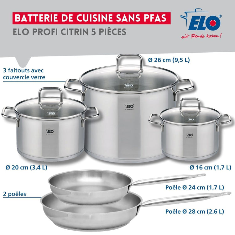 Ensemble de 2 Poêles de cuisson 24 et 28 cm et 3 faitouts 16, 20 et 26 cm Elo Profi Citrin