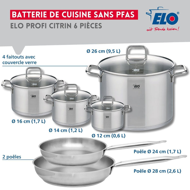 Ensemble de 2 Poêles de cuisson 24 et 28 cm et 4 faitouts 12, 14, 16 et 26 cm Elo Profi Citrin