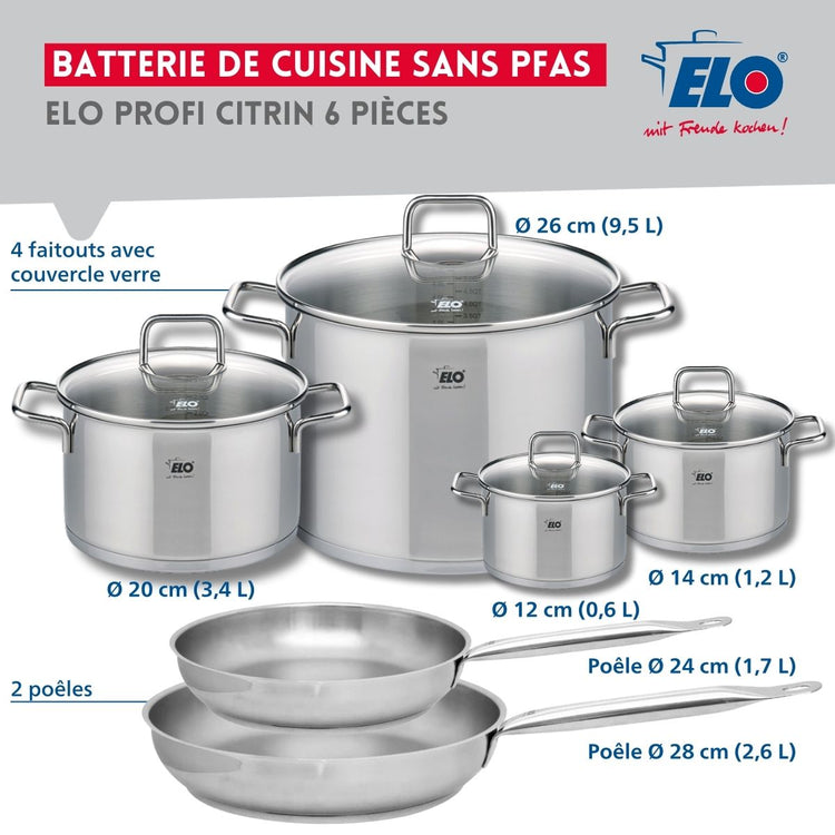 Ensemble de 2 Poêles de cuisson 24 et 28 cm et 4 faitouts 12, 14, 20 et 26 cm Elo Profi Citrin