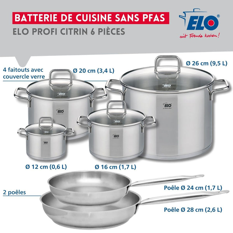 Ensemble de 2 Poêles de cuisson 24 et 28 cm et 4 faitouts 12, 16, 20 et 26 cm Elo Profi Citrin