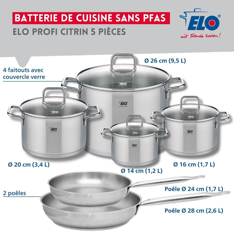 Ensemble de 2 Poêles de cuisson 24 et 28 cm et 4 faitouts 14, 16, 20 et 26 cm Elo Profi Citrin