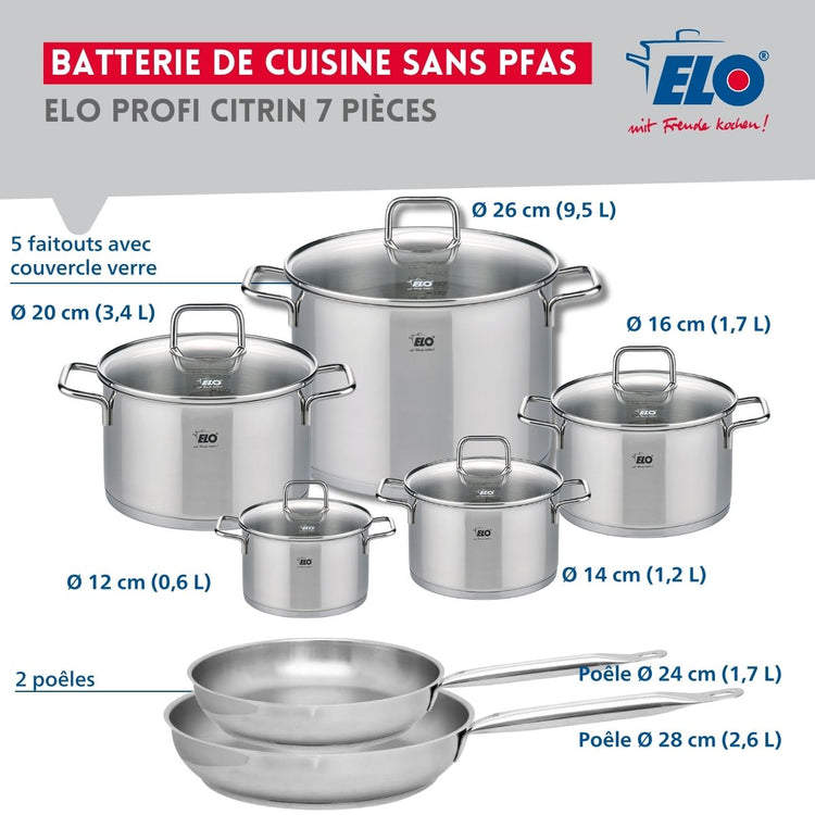 Ensemble de 2 Poêles de cuisson 24 et 28 cm et 5 faitouts 12, 14, 16, 20 et 26 cm Elo Profi Citrin