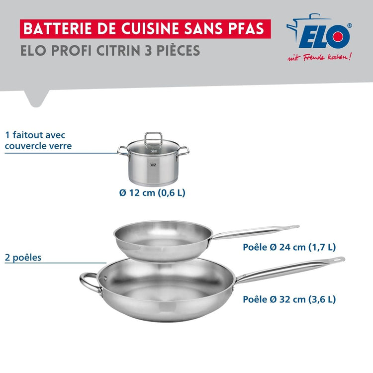 Ensemble de 2 Poêles de cuisson 24 et 32 cm et 1 faitout 12 cm Elo Profi Citrin