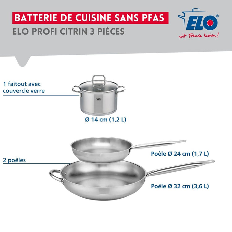 Ensemble de 2 Poêles de cuisson 24 et 32 cm et 1 faitout 14 cm Elo Profi Citrin