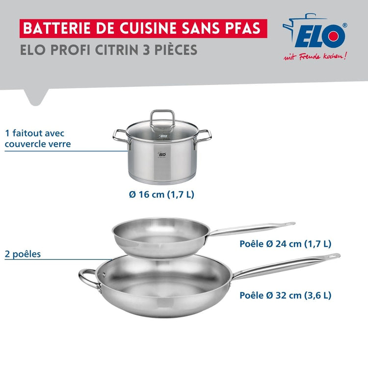 Ensemble de 2 Poêles de cuisson 24 et 32 cm et 1 faitout 16 cm Elo Profi Citrin