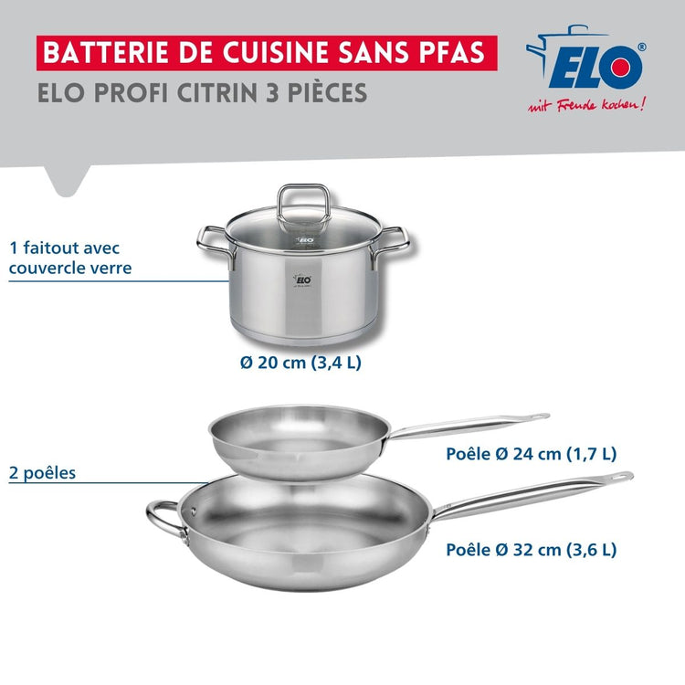 Ensemble de 2 Poêles de cuisson 24 et 32 cm et 1 faitout 20 cm Elo Profi Citrin