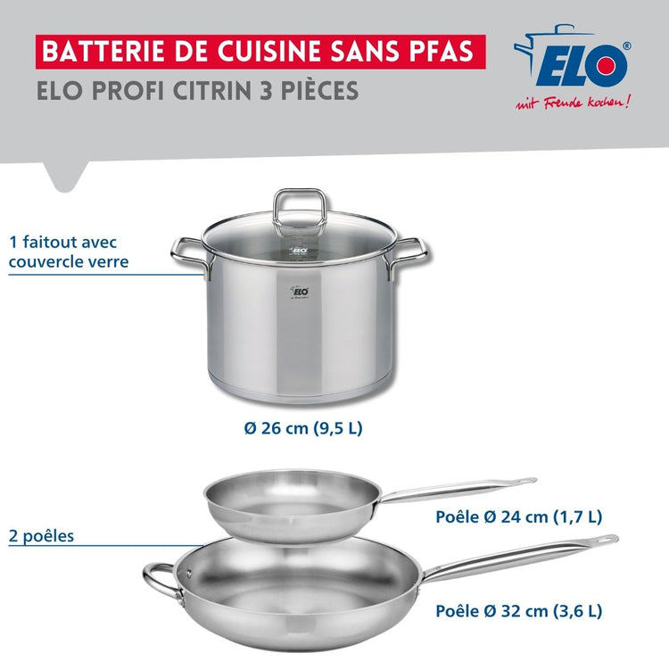 Ensemble de 2 Poêles de cuisson 24 et 32 cm et 1 faitout 26 cm Elo Profi Citrin