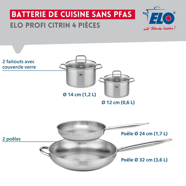 Ensemble de 2 Poêles de cuisson 24 et 32 cm et 2 faitouts 12 et 14 cm Elo Profi Citrin