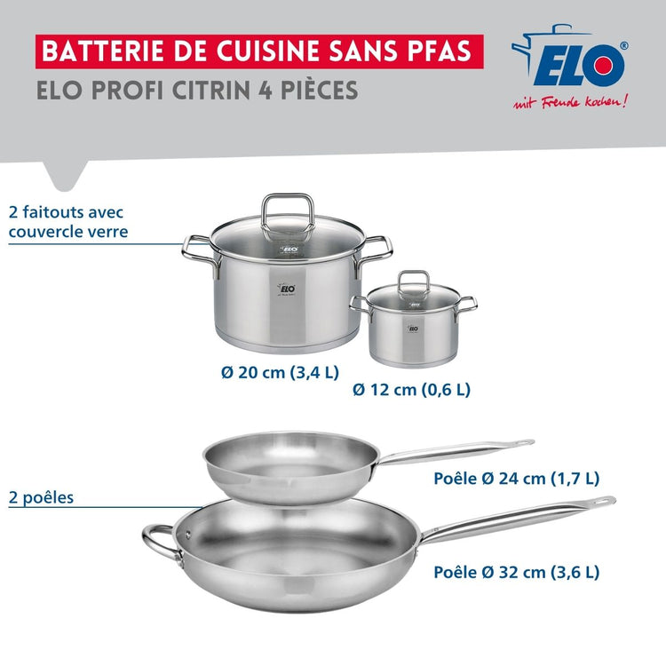 Ensemble de 2 Poêles de cuisson 24 et 32 cm et 2 faitouts 12 et 20 cm Elo Profi Citrin