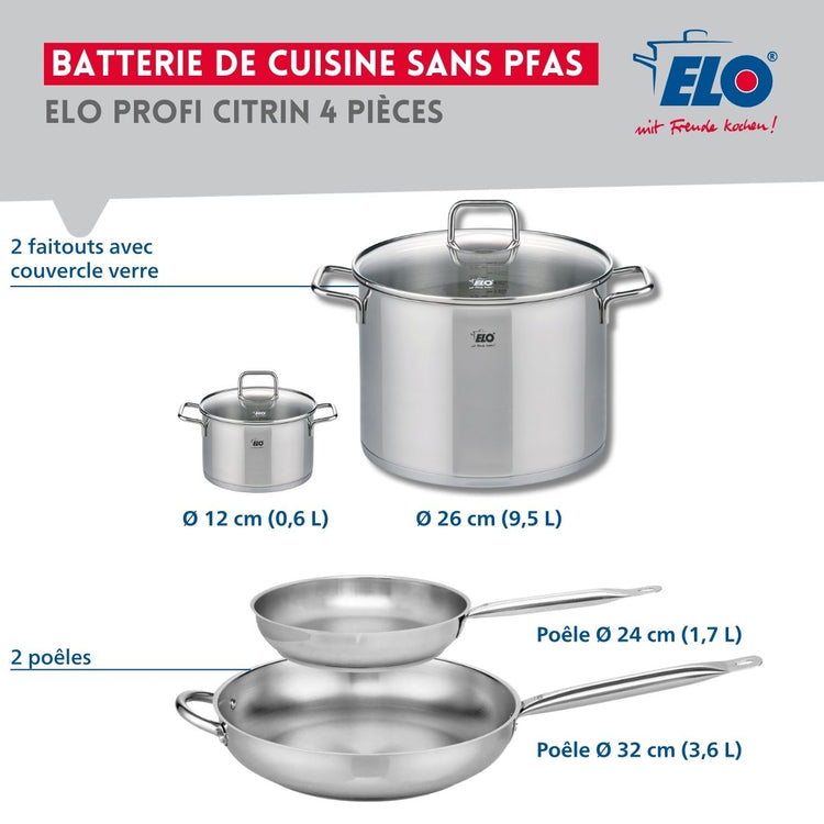 Ensemble de 2 Poêles de cuisson 24 et 32 cm et 2 faitouts 12 et 26 cm Elo Profi Citrin