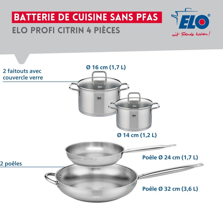 Ensemble de 2 Poêles de cuisson 24 et 32 cm et 2 faitouts 14 et 16 cm Elo Profi Citrin