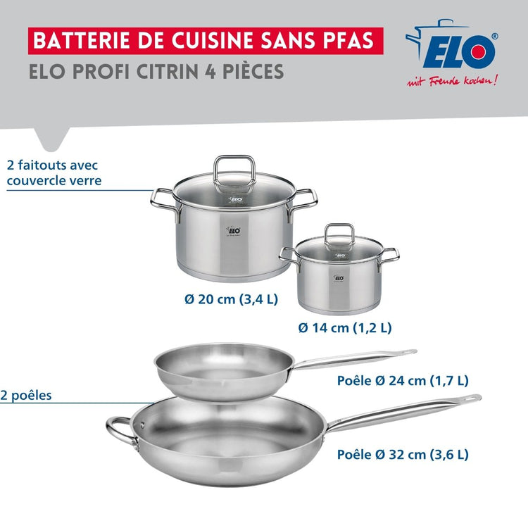 Ensemble de 2 Poêles de cuisson 24 et 32 cm et 2 faitouts 14 et 20 cm Elo Profi Citrin