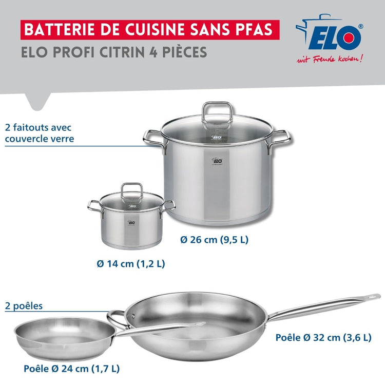 Ensemble de 2 Poêles de cuisson 24 et 32 cm et 2 faitouts 14 et 26 cm Elo Profi Citrin