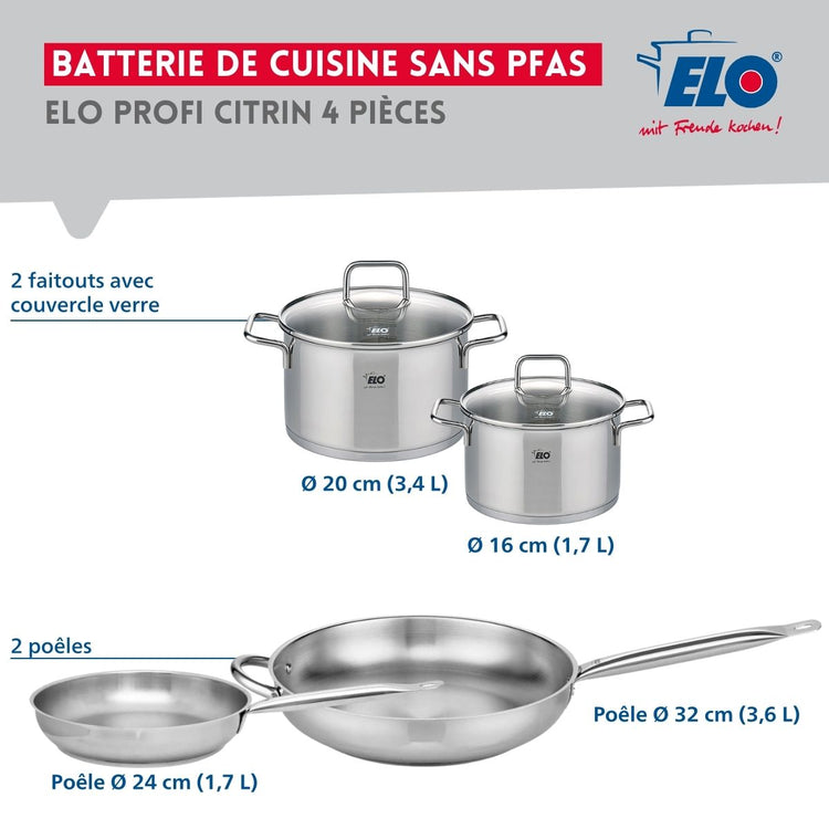 Ensemble de 2 Poêles de cuisson 24 et 32 cm et 2 faitouts 16 et 20 cm Elo Profi Citrin