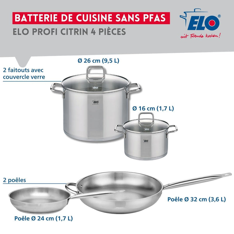 Ensemble de 2 Poêles de cuisson 24 et 32 cm et 2 faitouts 16 et 26 cm Elo Profi Citrin