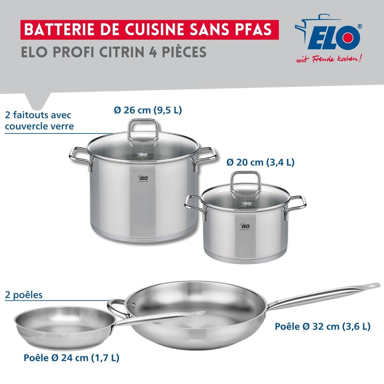 Ensemble de 2 Poêles de cuisson 24 et 32 cm et 2 faitouts 20 et 26 cm Elo Profi Citrin