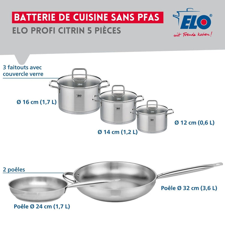 Ensemble de 2 Poêles de cuisson 24 et 32 cm et 3 faitouts 12, 14 et 16 cm Elo Profi Citrin