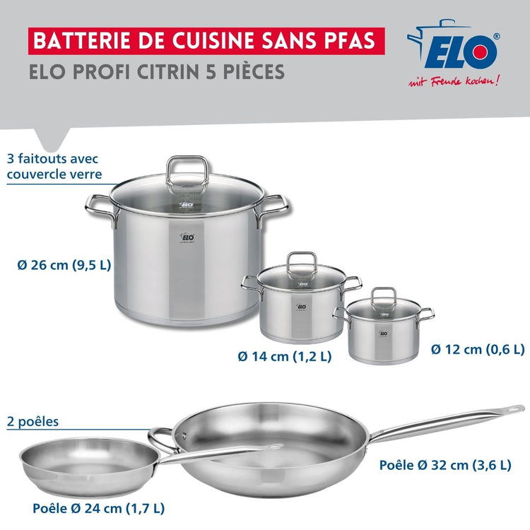 Ensemble de 2 Poêles de cuisson 24 et 32 cm et 3 faitouts 12, 14 et 26 cm Elo Profi Citrin