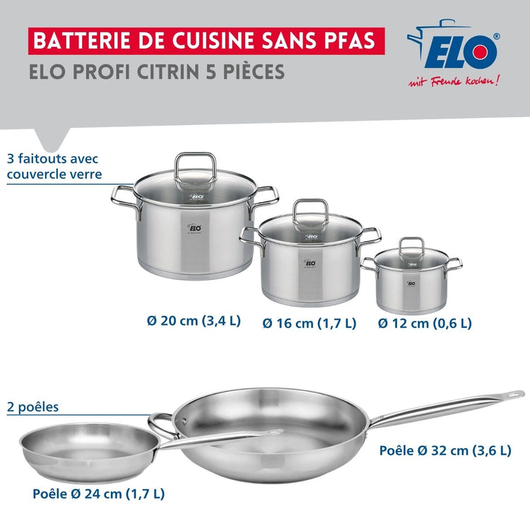 Ensemble de 2 Poêles de cuisson 24 et 32 cm et 3 faitouts 12, 16 et 20 cm Elo Profi Citrin