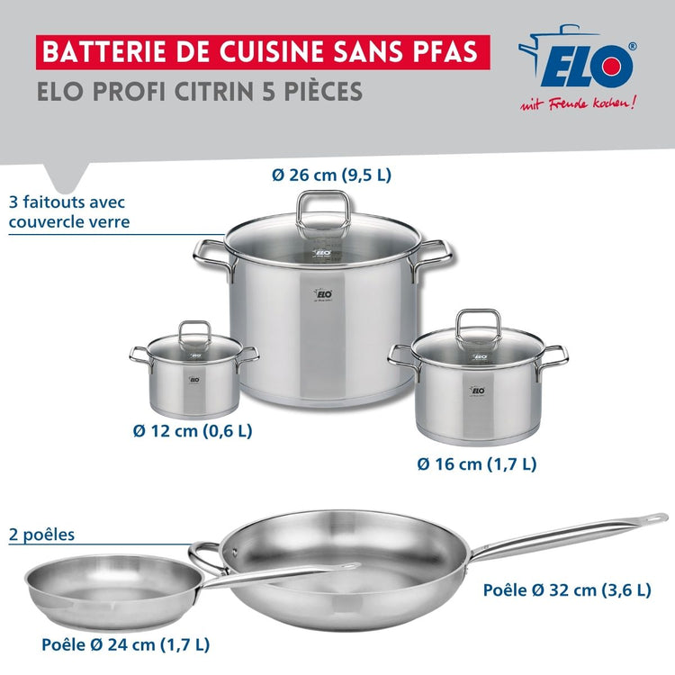 Ensemble de 2 Poêles de cuisson 24 et 32 cm et 3 faitouts 12, 16 et 26 cm Elo Profi Citrin