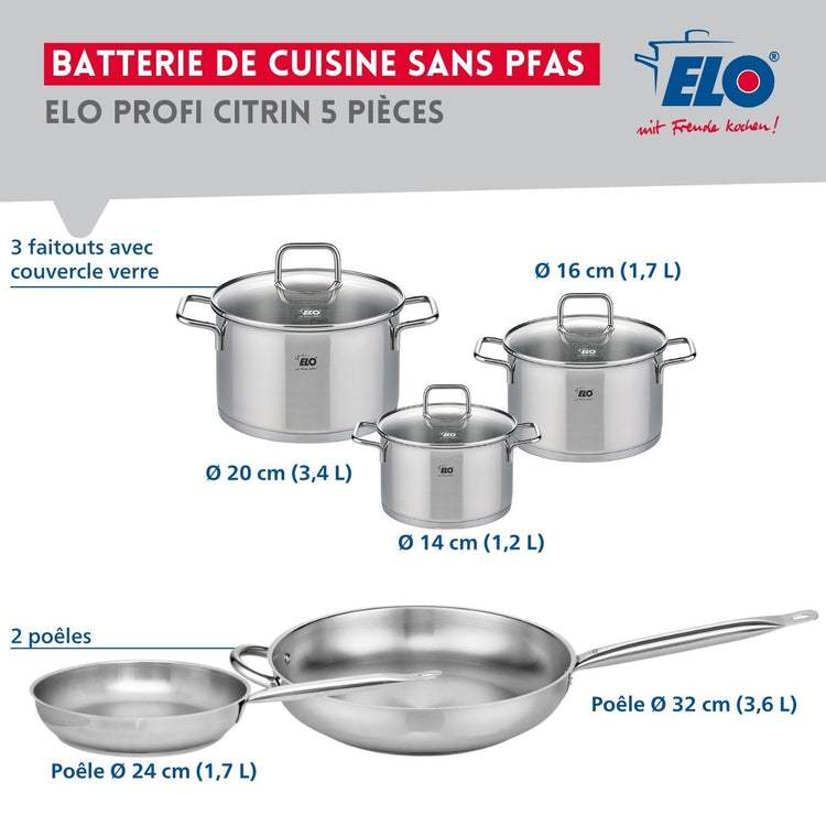 Ensemble de 2 Poêles de cuisson 24 et 32 cm et 3 faitouts 14, 16 et 20 cm Elo Profi Citrin