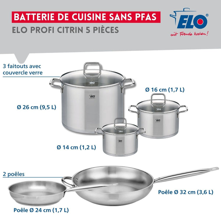 Ensemble de 2 Poêles de cuisson 24 et 32 cm et 3 faitouts 14, 16 et 26 cm Elo Profi Citrin