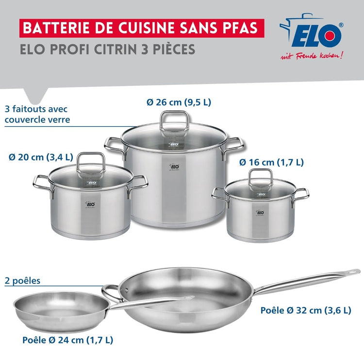 Ensemble de 2 Poêles de cuisson 24 et 32 cm et 3 faitouts 16, 20 et 26 cm Elo Profi Citrin