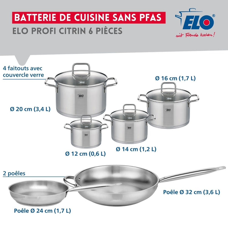 Ensemble de 2 Poêles de cuisson 24 et 32 cm et 4 faitouts 12, 14, 16 et 20 cm Elo Profi Citrin