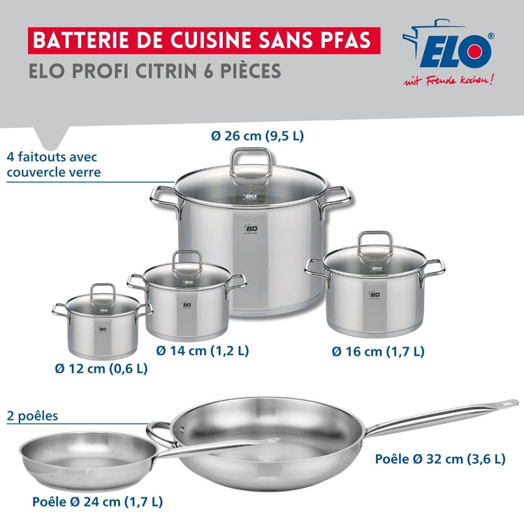 Ensemble de 2 Poêles de cuisson 24 et 32 cm et 4 faitouts 12, 14, 16 et 26 cm Elo Profi Citrin