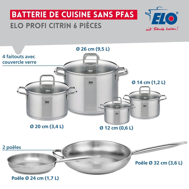 Ensemble de 2 Poêles de cuisson 24 et 32 cm et 4 faitouts 12, 14, 20 et 26 cm Elo Profi Citrin