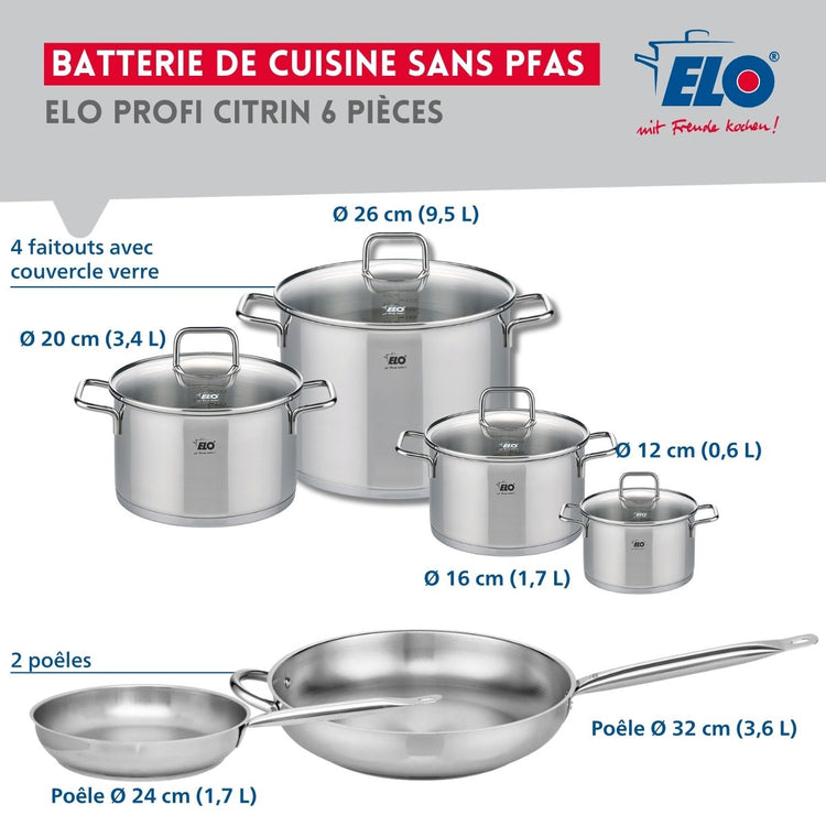 Ensemble de 2 Poêles de cuisson 24 et 32 cm et 4 faitouts 12, 16, 20 et 26 cm Elo Profi Citrin