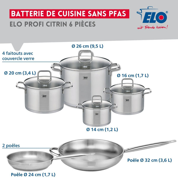 Ensemble de 2 Poêles de cuisson 24 et 32 cm et 4 faitouts 14, 16, 20 et 26 cm Elo Profi Citrin