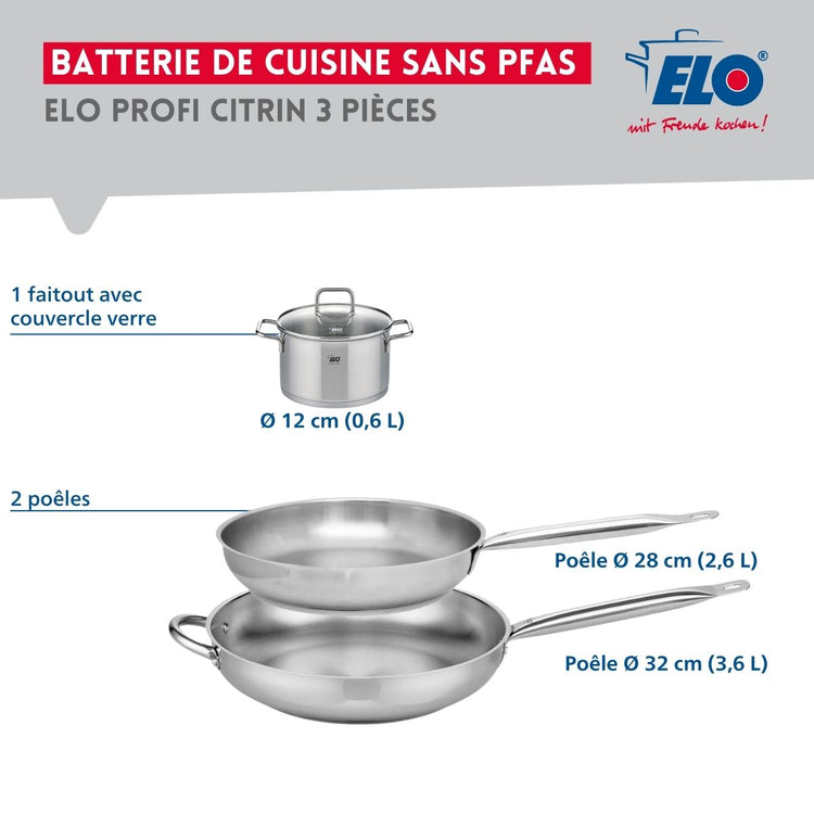 Ensemble de 2 Poêles de cuisson 28 et 32 cm et 1 faitout 12 cm Elo Profi Citrin